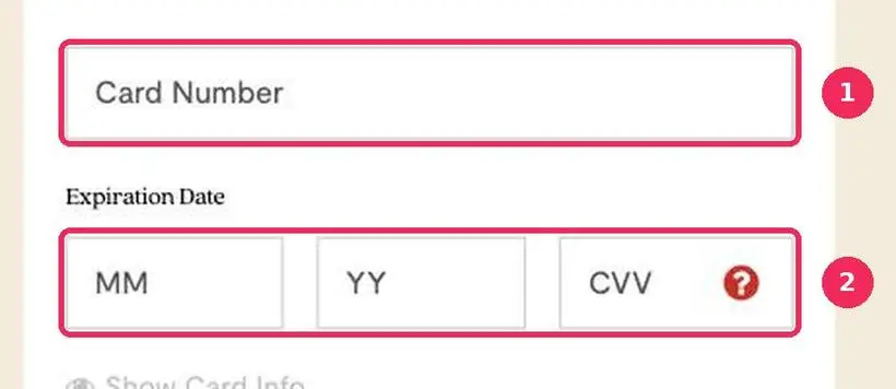 Card number, expiration date and CVV fields on the Vanilla balance checker, highlighted with numbers