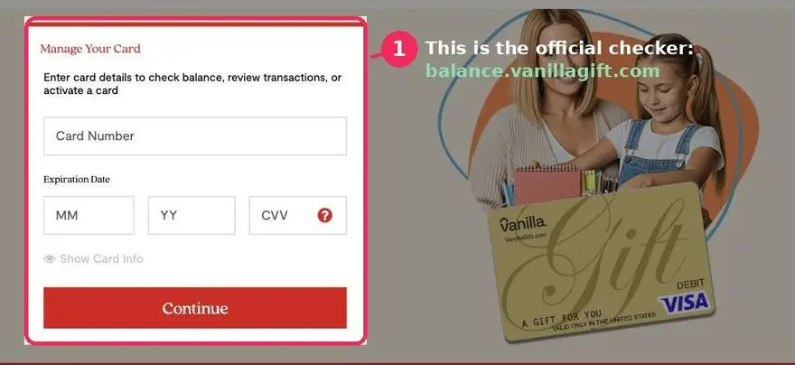 The official Vanilla balance checker at balance.vanillagift.com with the card form highlighted